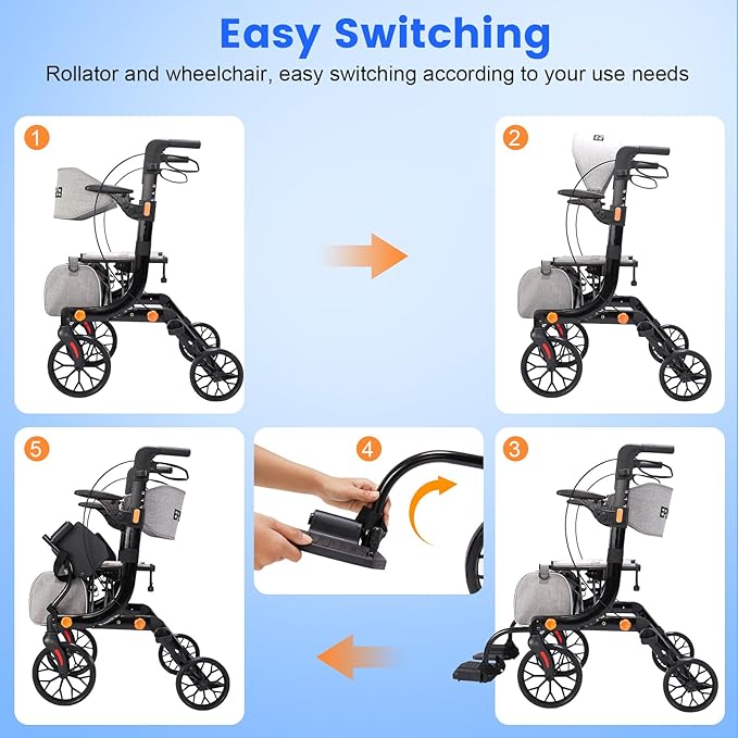 2-in-1 Walkers for Seniors with Seat & Transport Wheelchair Combo,All-Terrain Rolling Walker,Adjustable Height for Indoor Outdoor Mobility with Brakes & Storage Pouch
