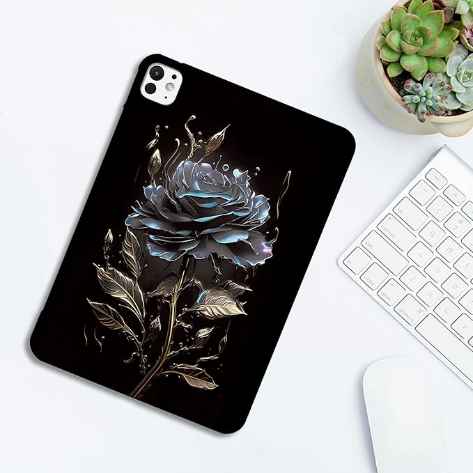 Dteck for Apple iPad Pro 11 Inch (M4/M5) Ultra Thin Case 2024/2025 Release, Cute Cartoon Lightweight Soft Silicone TPU Slim Tablet Cover, Protective Shockproof Scratch Resistant Shell, Black Flower