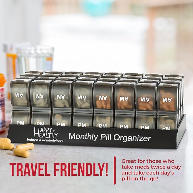 Monthly Pill Organizer - Am/Pm Daily Pill Organizer 32 Compartments for Each Day, Pill Dispenser and Dispenser Caddy that Helps You Organize Your Life, Perfect for Supplements and Medication, Black