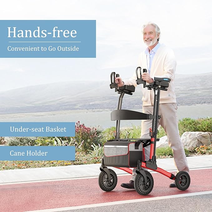 Nihhcune Upright Shopping Cart for Seniors & Adults, All-Terrain Rolling Cart with Padded Seat & Backrest, Heavy Duty Compact Folding Utility Cart with Big Wheels and Adjustable Handle, 300lb Capacity