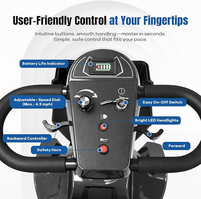 Mobility Scooter for Adults - 4 Wheels, 330lbs Capacity, 15Miles Long Range, Foldable Powered Mobility Scooter for Seniors, Elderly, Removable Battery, with Headlight, Charger & Basket