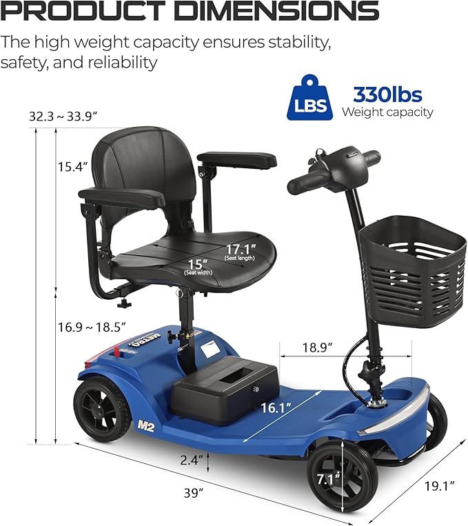 Metro Mobility 4-Wheel Foldable Mobility Scooter for Adults, Lightweight Electric Scooter for Seniors, 330 lbs Capacity, 22.5Ah Lithium Battery, 20 Mile Range, LED Lights – Blue