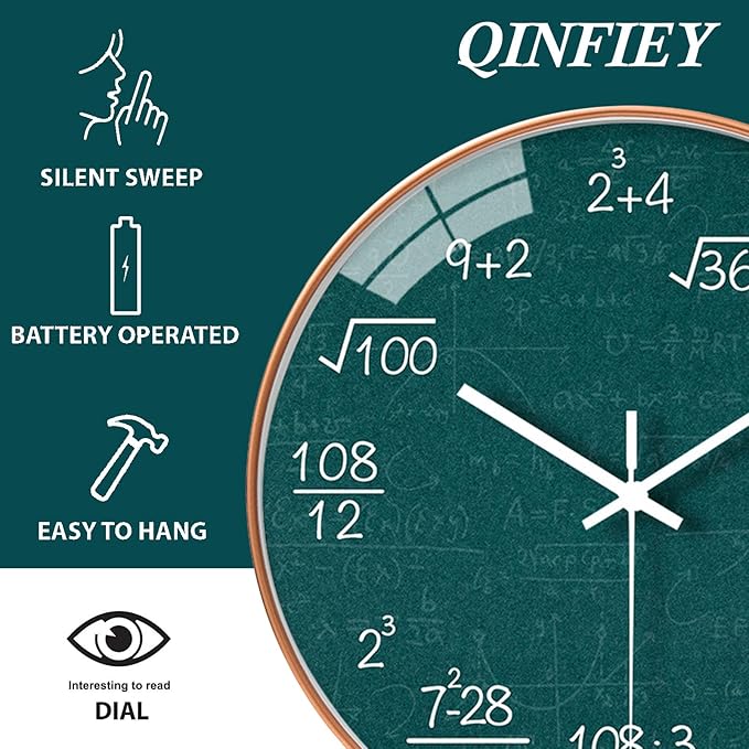 QINFIEY 12 Inch Math Wall Clock Silent Non Ticking Movement Quality Quartz Wall Clock for Office Classroom/School/Home/Kitchen/Living Room Wall Decorations (Blue)