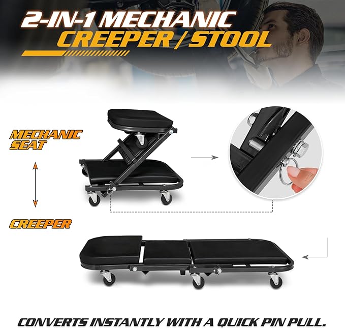 Magshion 36" Z-Creeper Seat Foldable Under Car Creeper, 330 lbs Capacity All-in-One Adjustable Roller Garage Chair Lay Down or Sit, 6 Wheels (Black)