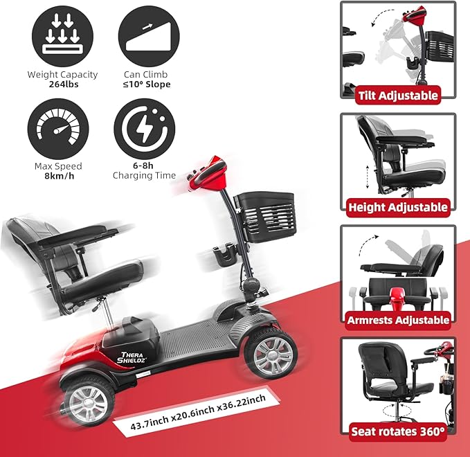 4 Wheel Mobility Scooter - Lightweight, Foldable Electric Mobbility Scooter for Adults, Seniors with Long Range Battery, Shock Absorbing, Basket, Car Light