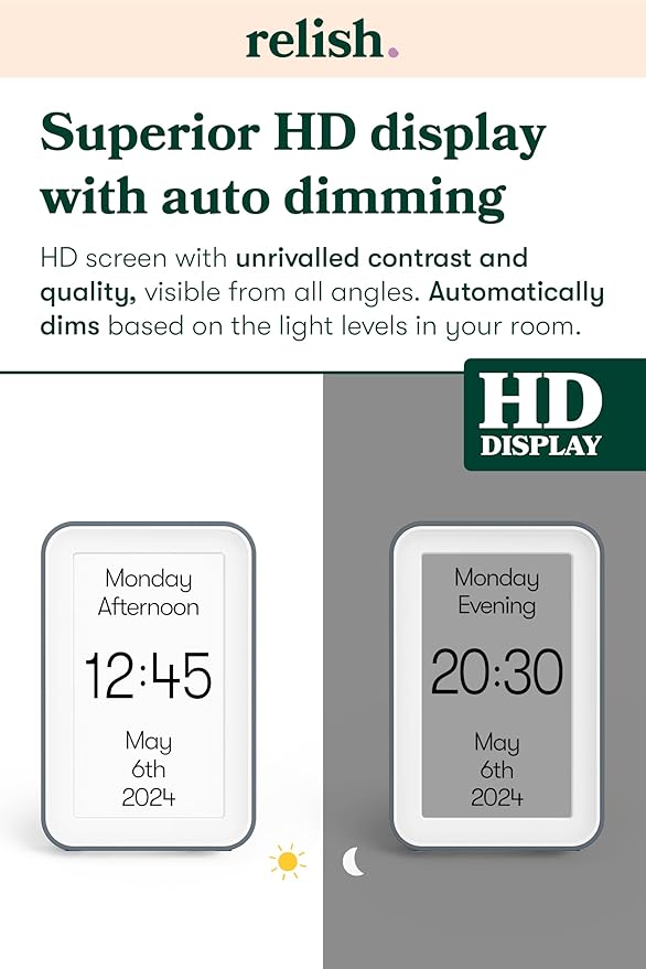Relish Day Connect – Dementia Clock, HD Large Screen Digital Calendar Clock for Seniors and People with Memory Loss with Large Number, Day, Date and Time