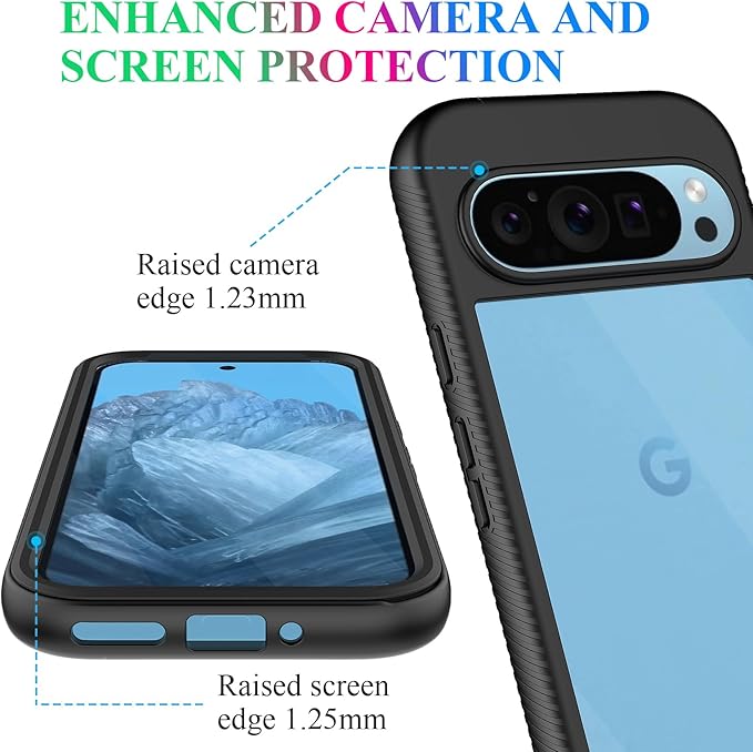 wahhle Compatible with Google Pixel 9/9 Pro Case, Built in Screen Protector Full Body Shockproof Slim Fit Bumper Protective Phone Cover for Men Women-Black/Clear