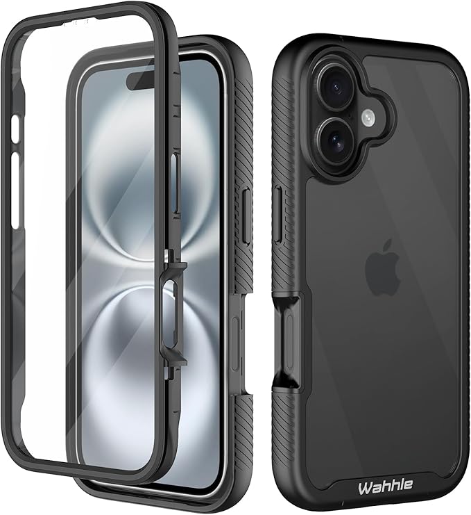 wahhle Compatible with iPhone 16 Case, Built in Screen Protector Full Body Shockproof Slim Fit Bumper Protective Phone Cover 6.1'' Men Women-Black/Clear