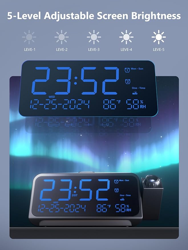 Projection Alarm Clock for Bedroom, Alarm Clock with 350° Rotatable Projector, 5 Brightness, Dual Alarm with Weekday/Weekend Mode, Temp & Humidity, Snooze, Bedside Alarm Clock for Heavy Sleepers(Blue)