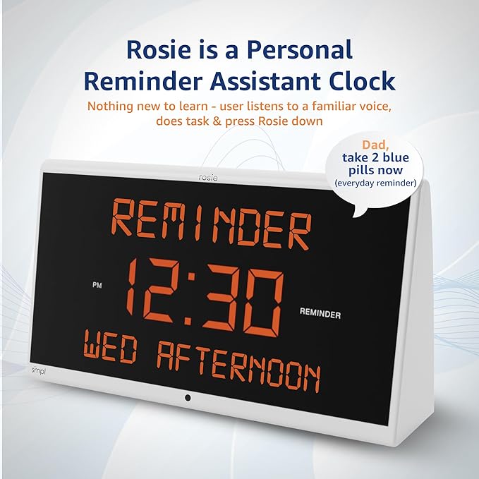 Simpl Rosie Reminder Large Display Talking Alarm Clock – 25 Personalized Voice Reminders, Dementia & Alzheimer’s Friendly, Voice Activated Clock for Seniors, Easy to Use, Audible up to 100ft (Rosie 2)