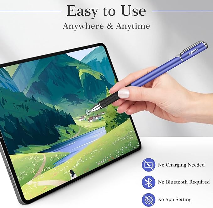 MEKO Stylus Pens for Touch Screens, 2 in 1 Universal Disc Stylus Pens for iPhone, iPad and All Capacitive Cell Phones, Tablets, Laptops Bundle with 6 Replacement Tips - (2 Pcs, Blue/Silver)