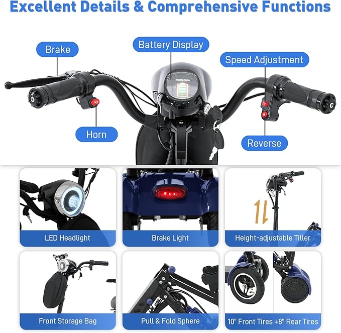 All-Terrain 4-Wheel Foldable Electric Scooter Lightweight Folding Mobility Scooter for Adults & Seniors, 25Miles Long Range, 15.6AH Lithium Battery, 3-Speed Mode, Max Load 300lbs (Standard Blue)