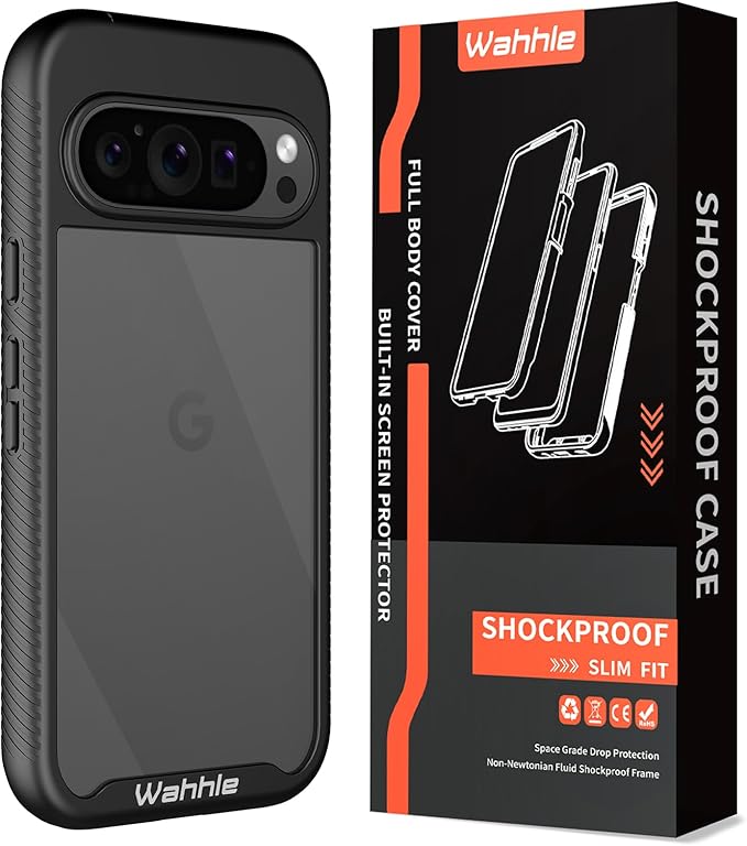wahhle Compatible with Google Pixel 9 Pro XL Case, Built in Screen Protector Full Body Shockproof Slim Fit Bumper Protective Phone Cover Men Women-Black/Clear