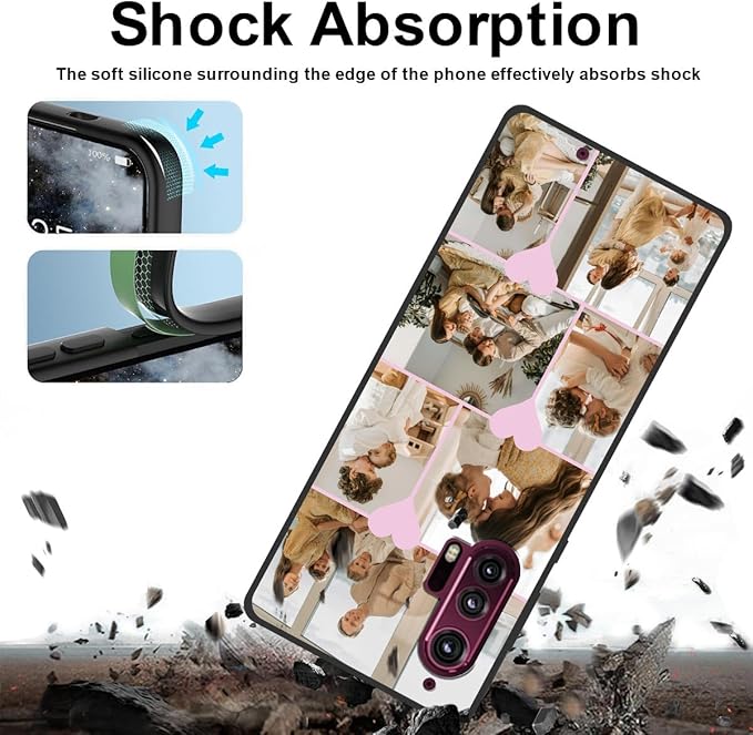 Personalized Photo Case for Motorola Moto Edge Plus 2020 6.7 inch, Thin Slim Soft Rubber Black Phone Cover, Custom Picture Collage Pink Heart Cute Case for Women Girl, Gift for Birthday Anniversary