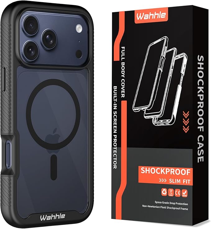 wahhle Compatible with iPhone 17 Pro Max Case, Magnetic Built in Screen Protector Full Body Shockproof Slim Fit Bumper Protective Phone Cover Men Women 6.9"-Black/Clear