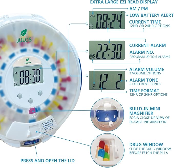 28-Day Automatic Pill Dispenser for Elderly with Alarm, Sound/Light Alerts, Locked Pill Dispenser Machine for Seniors/Dementia, Timed Pill Dispenser Machine for Prescriptions & Vitamins, Frosted Lid