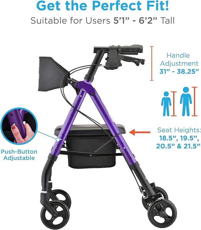 NOVA Star 6 Foldable Rollator Walker for Seniors, Wide Padded Backrest with Seat, 6” All-Terrain Wheels, Easy-Grip Locking Hand Brakes, Height Adjustable, Purple