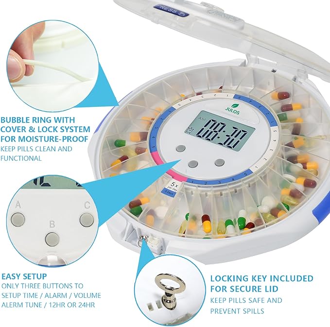 28-Day Automatic Pill Dispenser for Elderly with Alarm, Sound/Light Alerts, Locked Pill Dispenser Machine for Seniors/Dementia, Timed Pill Dispenser Machine for Prescriptions & Vitamins, Frosted Lid