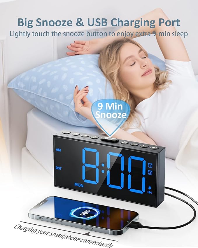 Roxicosly Vibrating Alarm Clock with Bed Shaker for Heavy Sleepers Adults, Dual Alarms for Weekday & Weekend, Large Display, Snooze, USB Charging Port, 12/24H DST