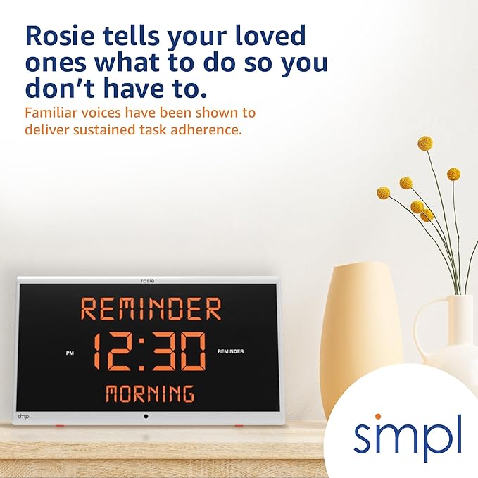 Simpl Rosie Reminder Large Display Talking Alarm Clock – 25 Personalized Voice Reminders, Dementia & Alzheimer’s Friendly, Voice Activated Clock for Seniors, Easy to Use, Audible up to 100ft (Rosie 2)