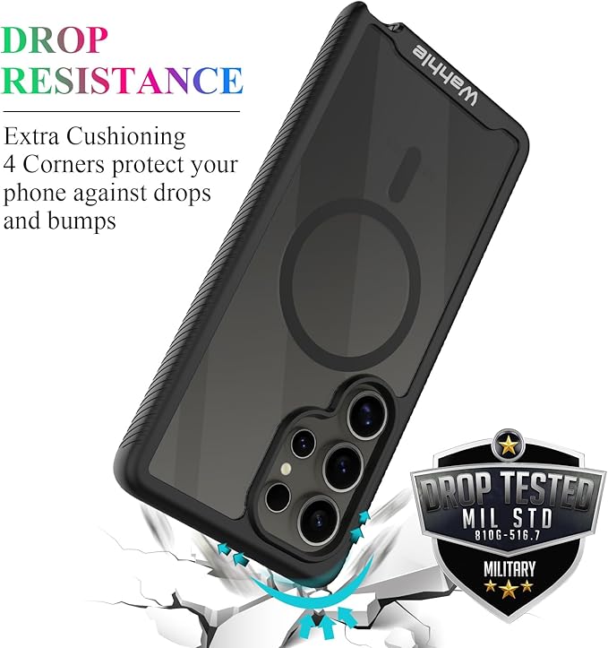 wahhle Compatible with Samsung Galaxy S25 Ultra Case, Magnetic Wireless Charging Built in Screen Protector Full Body Shockproof Slim Fit Bumper Protective Phone Cover for S25 Ultra-Black/Clear