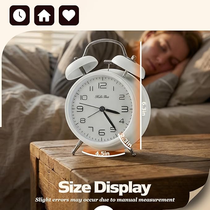 Loud Alarm Clock for Heavy Sleepers, 6 inch Battery Operated Twin Bell Alarm Clock with Night Light, Silent Non Ticking Analog Small Clock Decor for Bedroom, Bedside, Living Room