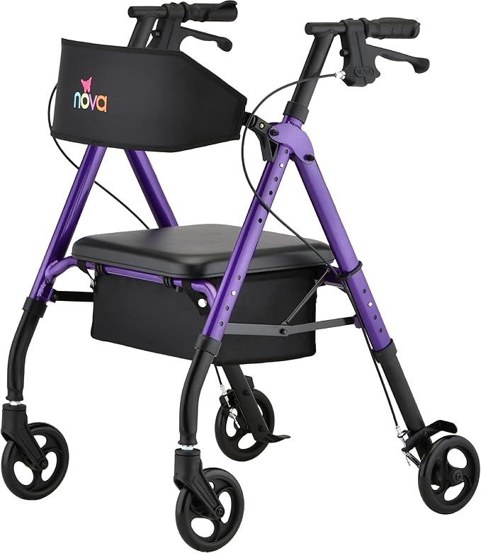 NOVA Star 6 Foldable Rollator Walker for Seniors, Wide Padded Backrest with Seat, 6” All-Terrain Wheels, Easy-Grip Locking Hand Brakes, Height Adjustable, Purple