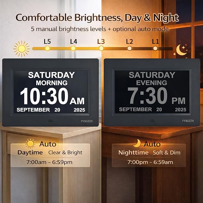 Large Display Digital Dementia Clocks for Seniors, 7'' Day Date Time Calendar Clock for Elderly, Simple Setup, 19 Alarm Reminders, Adjustable Brightness, DST