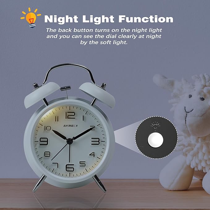 AYRELY® Super Loud Twin Bell Alarm Clock for Heavy Sleepers Adults, 4-Inch Retro Silent Non-Ticking with Night-Light, 3D Raised Number Dial, Battery Operated for Bedroom Bedside (3D Dial – White)