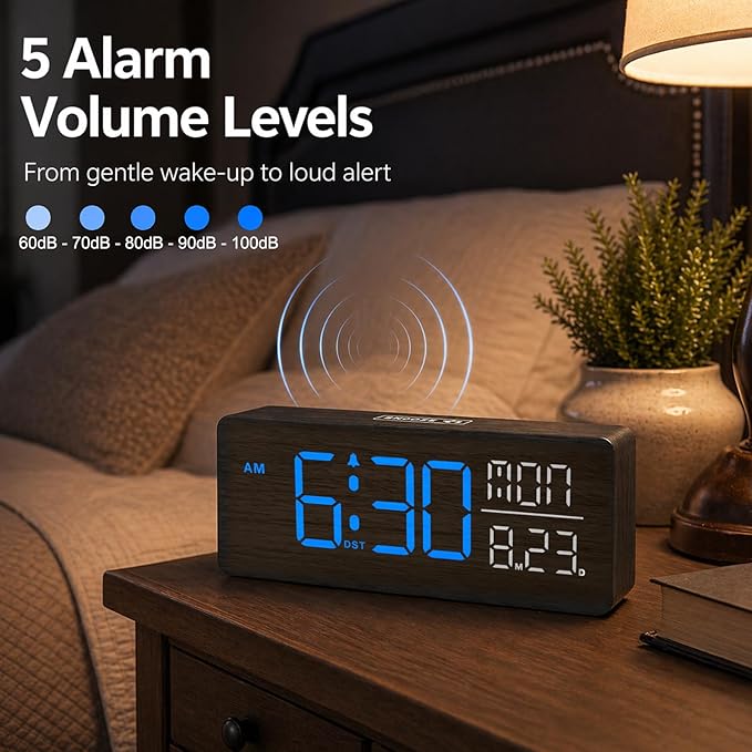 Peakeep Wooden Digital Alarm Clock Large Display, Textured Decoration for Bedroom, Living Room, Plug in Clock with Time Date Day, 5 Brightness, Auto DST