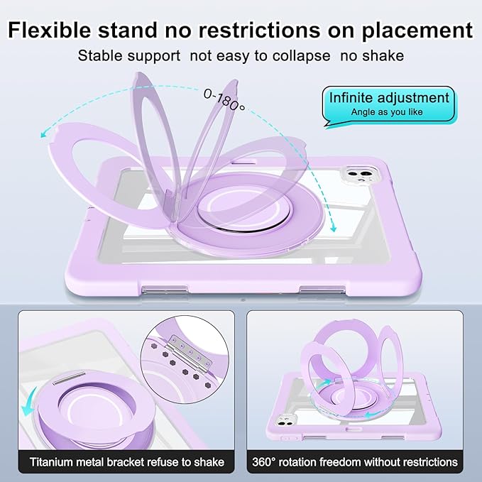 Dteck for iPad Pro 11 inch (M4/M5) 2024/2025 Release Shockproof Clear Case with Stylus Pencil Holder/Rotating Kickstand/Swivel Handle, Lightweight Protective Slim Transparent Tablet Cover, Purple
