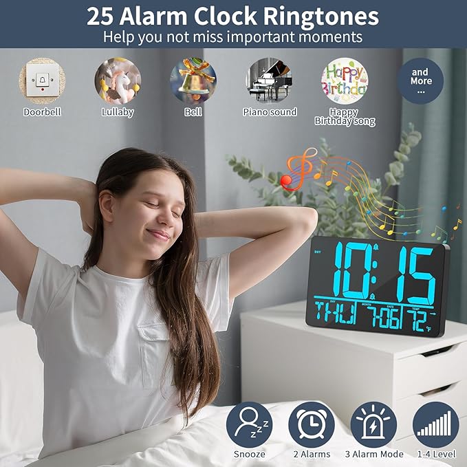 PERSUPER 13" Digital Wall Clock Large Display with Remote, 25 Ringtones, Temperature, Calendar, 0-100% Auto or Custom Brightness, 12/24H, DST, Timer, for Living Room, Kitchen, Bedroom, Elderly（Blue）