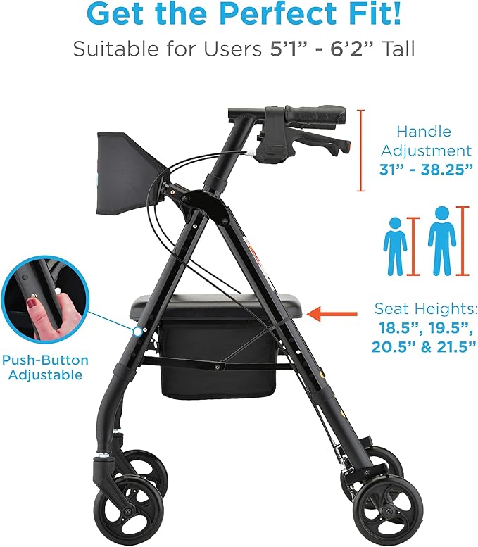 NOVA Star 6 Foldable Rollator Walker for Seniors, Wide Padded Backrest with Seat, 6” All-Terrain Wheels, Easy-Grip Locking Hand Brakes, Height Adjustable, Black