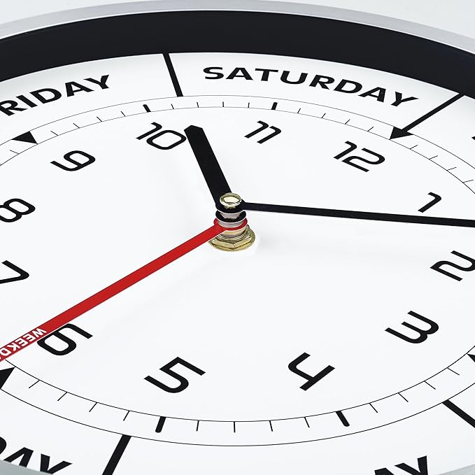 Lafocuse Silent Day of The Week Clocks for Mother, Retirement Clock for Seniors with Silver Metal Frame, Day Clock for Living Room Decor 12 Inch