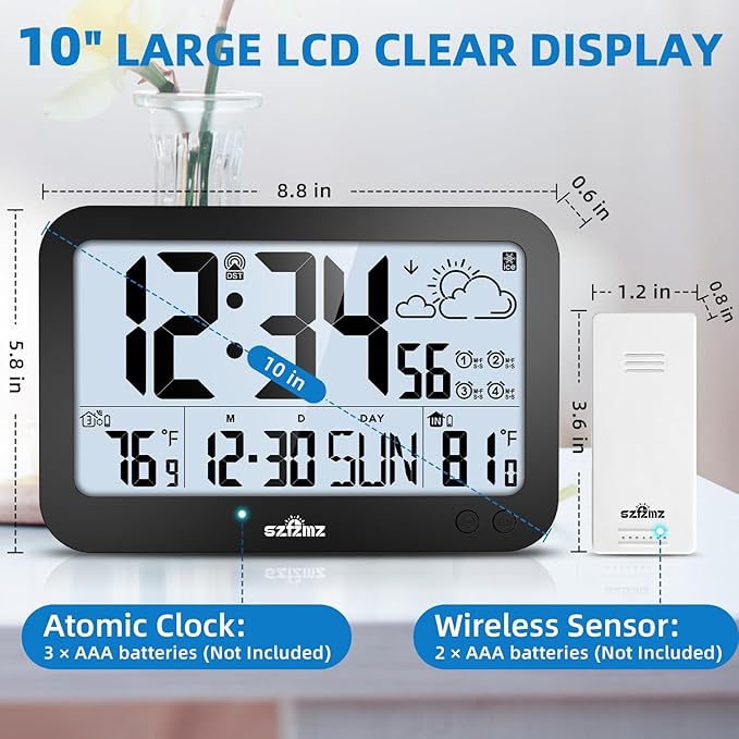 Atomic Clock,10" Digital Clock Large Display, Wall Clocks Battery Operated with Backlight, Wireless Outdoor Sensor, Alarm Clock Indoor Outdoor Temp, 4 Time Zones, Auto DST, Clock for Bedroom (Black)