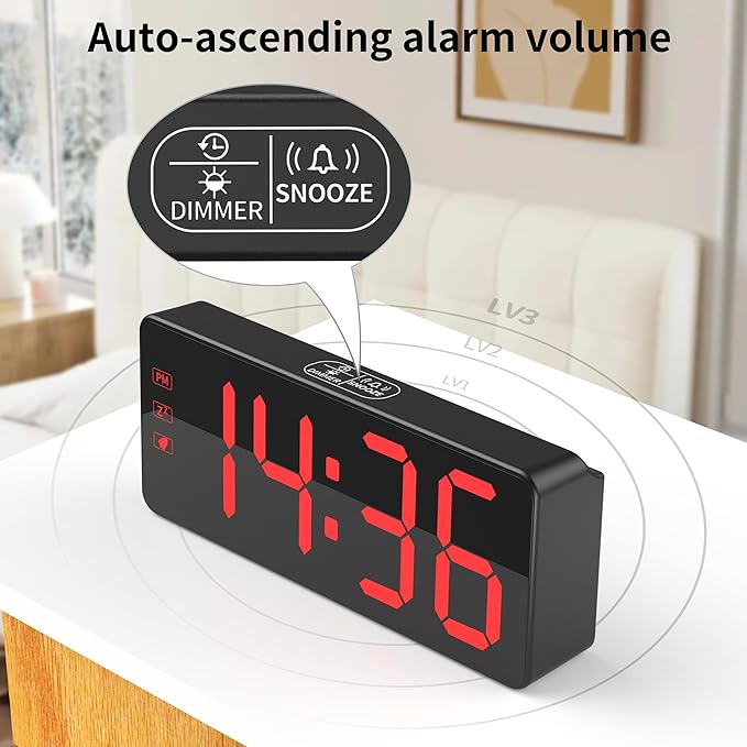 KWANWA Digital Alarm Clock with Backup Battery & 59" UL-Certified Charger - 3-Level Dimmer, Auto Night Mode, 2.4" Bold LED Display, Upgraded Buttons, Clock for Bedroom/Travel/Camping