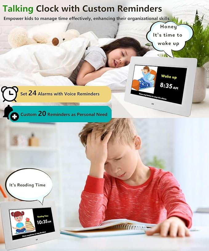 MASSII Digital Teaching Clock Talking Time, 24 Alarms Custom Reminders, Checklist to-Do List, Auto DST & Calendar Display, Sleep Trainer, Easy to Use for Kids Birthday Gift- White with Remote
