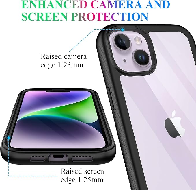 wahhle Compatible with iPhone 14 Plus Case, Full-Body Phone Cover with Screen Protector Shockproof TPU Bumper Case 6.7 Inches-Black Clear