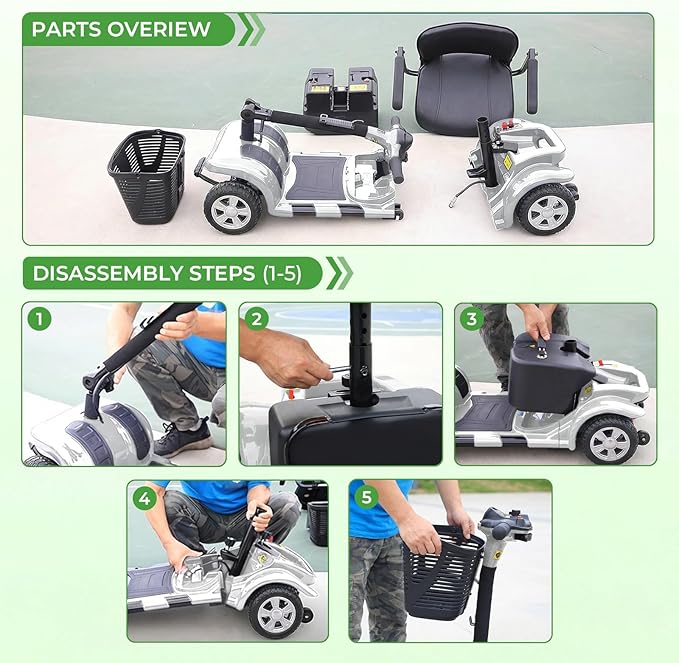 Mobility Scooter for Adults, 4 Wheels Lightweight Scooter, Foldable Mobility Scooter Long Range for Travel, Adults, Elderly, Supports 300 lbs, Powered Wheelchair with Charger & Basket (Silver Silver)