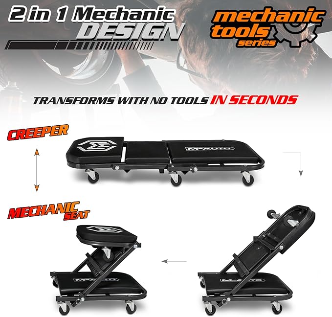 M-AUTO 40-Inch Folding Creeper Rolling Seat, All-in-One Adjustable Roller Garage Chair, Lay Down or Sit, 330LBS Capacity Under Car Roller Creeper with 6 Swivel Casters, Black