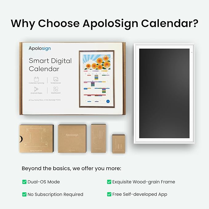 Apolosign 27-Inch Smart Digital Wall Calendar Touchscreen Family Planner with Stand White