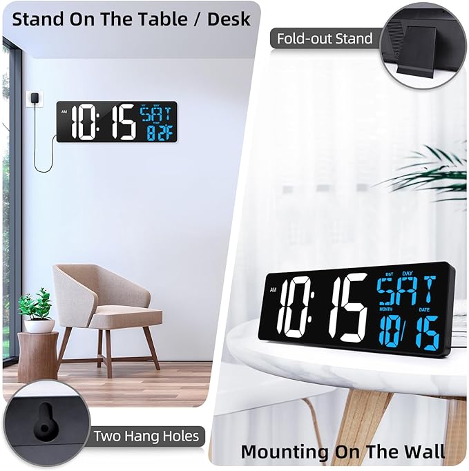 17 Inch Large Digital Wall Clock with Remote Control, Automatic Brightness Dimmer Digital Wall Clock Large Display with Day/Date/Temperature, Snooze, Count Up & Down Timer for Living Room, Office, Gym