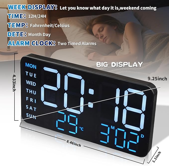 KCKJ Large Digital Alarm Clock for Bedroom & Home - with Temperature, Date and Weekday Display, Adjustable Brightness & Volume, Dual Use for Desk or Wall Mount
