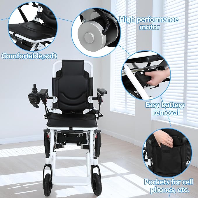 Foldable Lightweight Electric Wheelchair for Adluts & Seniors- 500W Dual Motors, 15 Miles Long Range, Airline-Friendly for Travel & Daily Use (Single Battery) White US Plug A