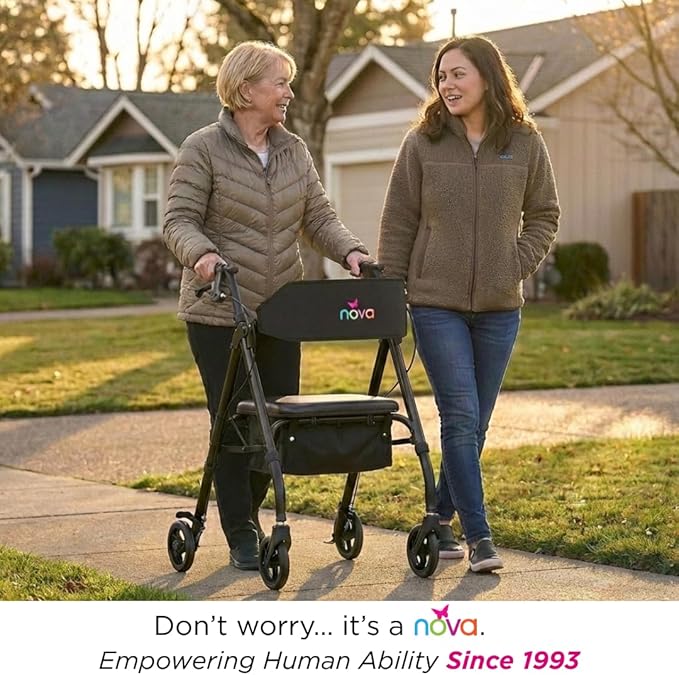 NOVA Star 6 Foldable Rollator Walker for Seniors, Wide Padded Backrest with Seat, 6” All-Terrain Wheels, Easy-Grip Locking Hand Brakes, Height Adjustable, Black