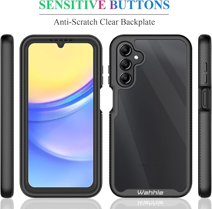 wahhle Compatible with Samsung Galaxy A15 5G Case, Built in Screen Protector Full Body Shockproof Slim Fit Bumper Protective Phone Cover for A15 4G/5G Men Women-Black/Clear