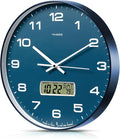 TIMESS Wall Clock, 14" Large Dial Non-Ticking Silent Battery Operated Analog with LCD Display for Perpetual Calendar and F° Temperature, Ideal Modern Home, Bedroom, Kitchen, Office Decor (Blue)