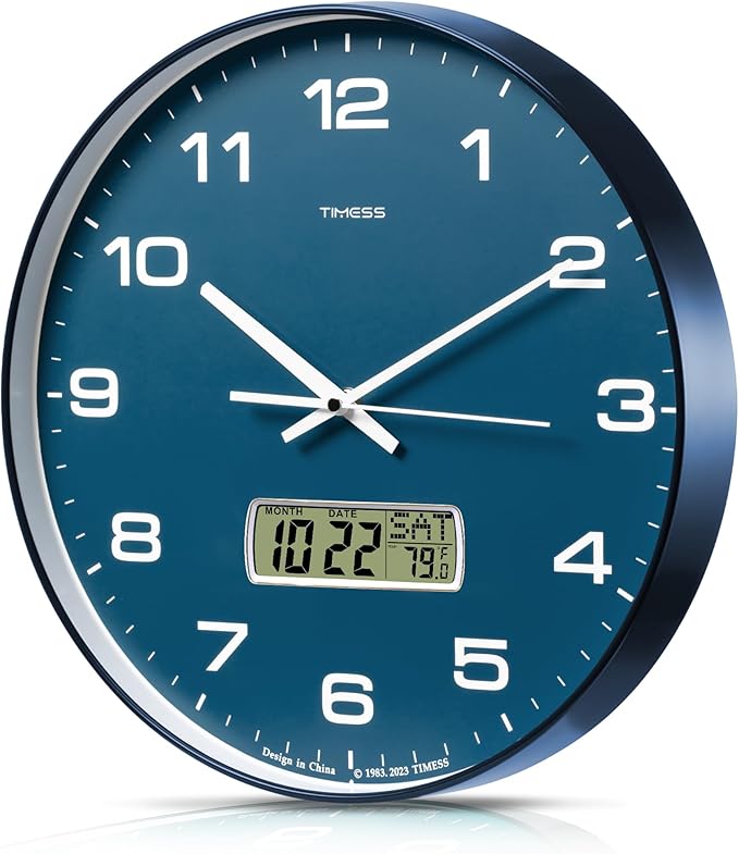 TIMESS Wall Clock, 14" Large Dial Non-Ticking Silent Battery Operated Analog with LCD Display for Perpetual Calendar and F° Temperature, Ideal Modern Home, Bedroom, Kitchen, Office Decor (Blue)