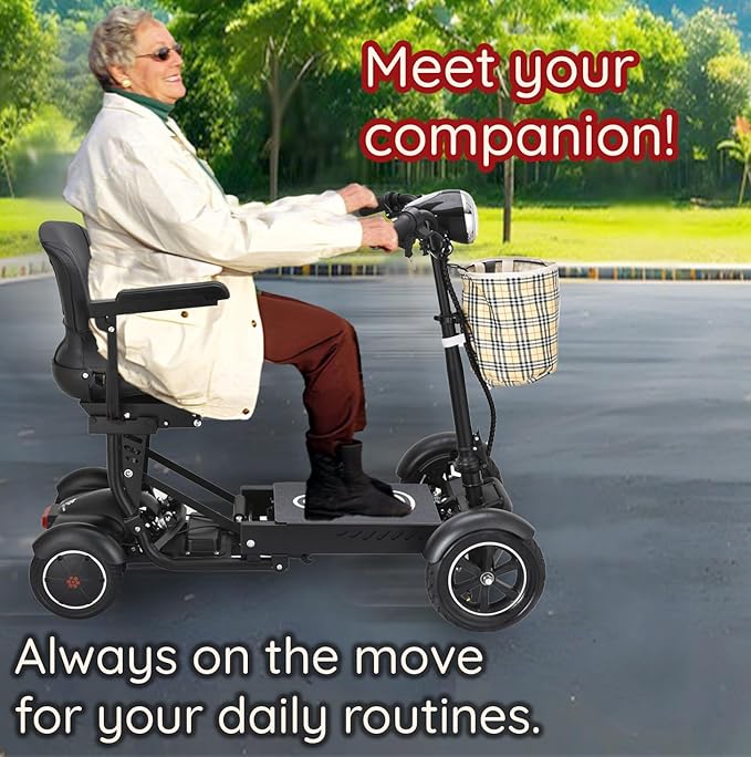Dragon Mobile EX 4 Wheel Foldable Mobility Scooter for Adults, Elderly & Travel - All Terrain Aluminum Alloy Power Wheelchair with Premium Large Seat - Front Basket Included (Matte Black)