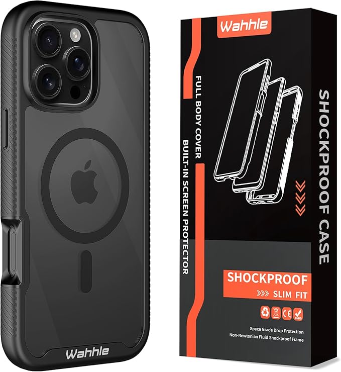 wahhle Compatible with iPhone 16 Pro Case, Magnetic Built in Screen Protector Full Body Shockproof Slim Fit Bumper Protective Phone Cover 6.3'' Men Women-Black/Clear